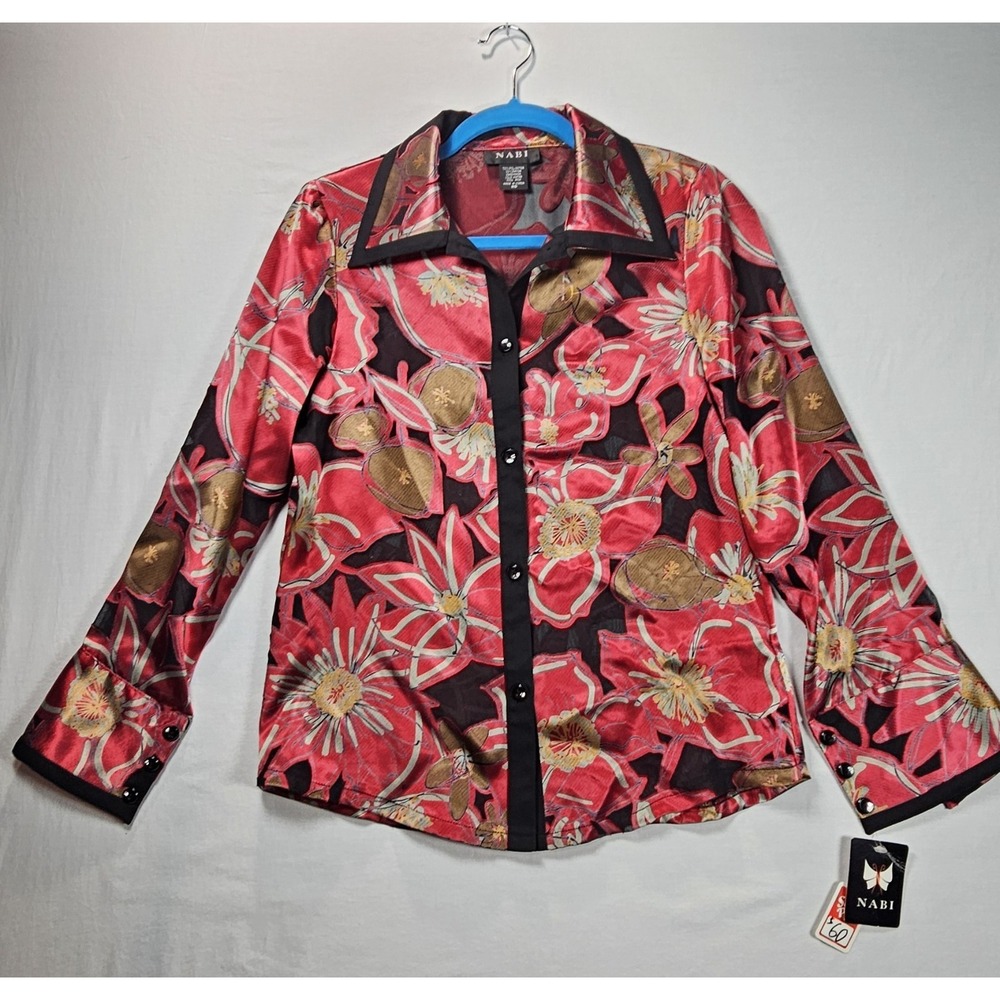 NWT NABI Floral Button Front‎ Blouse XS Red Black Long Sleeve Made Korea